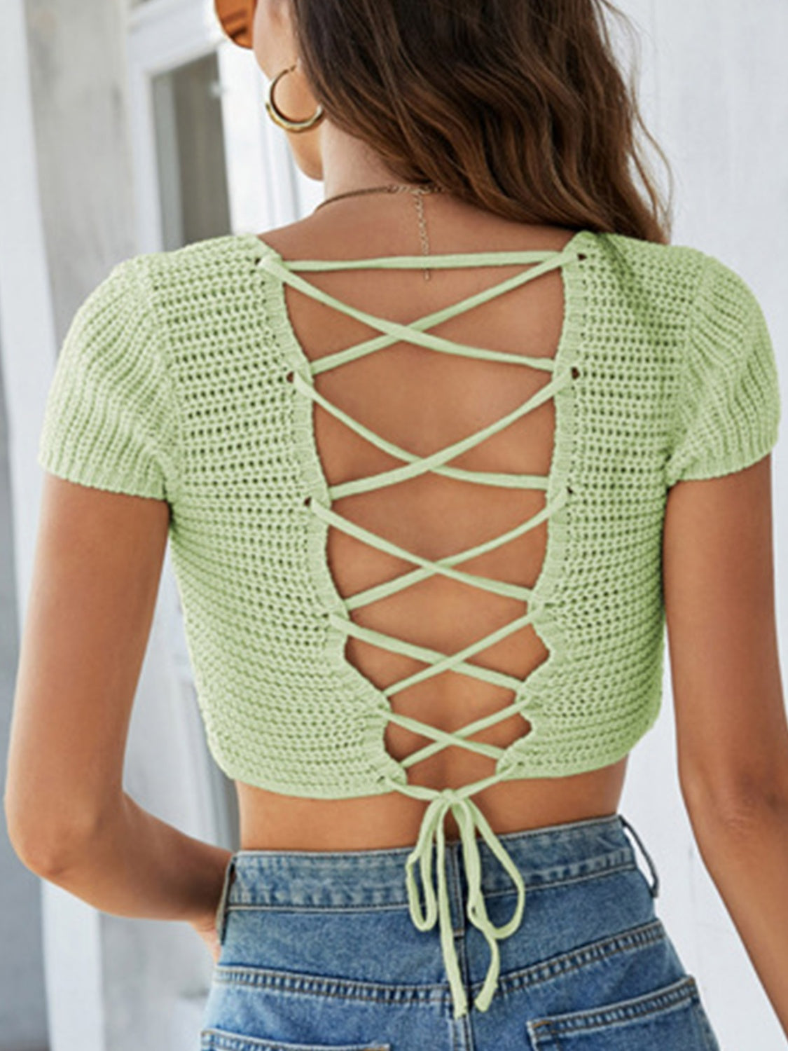Lace-Up Openwork Square Neck Sweater