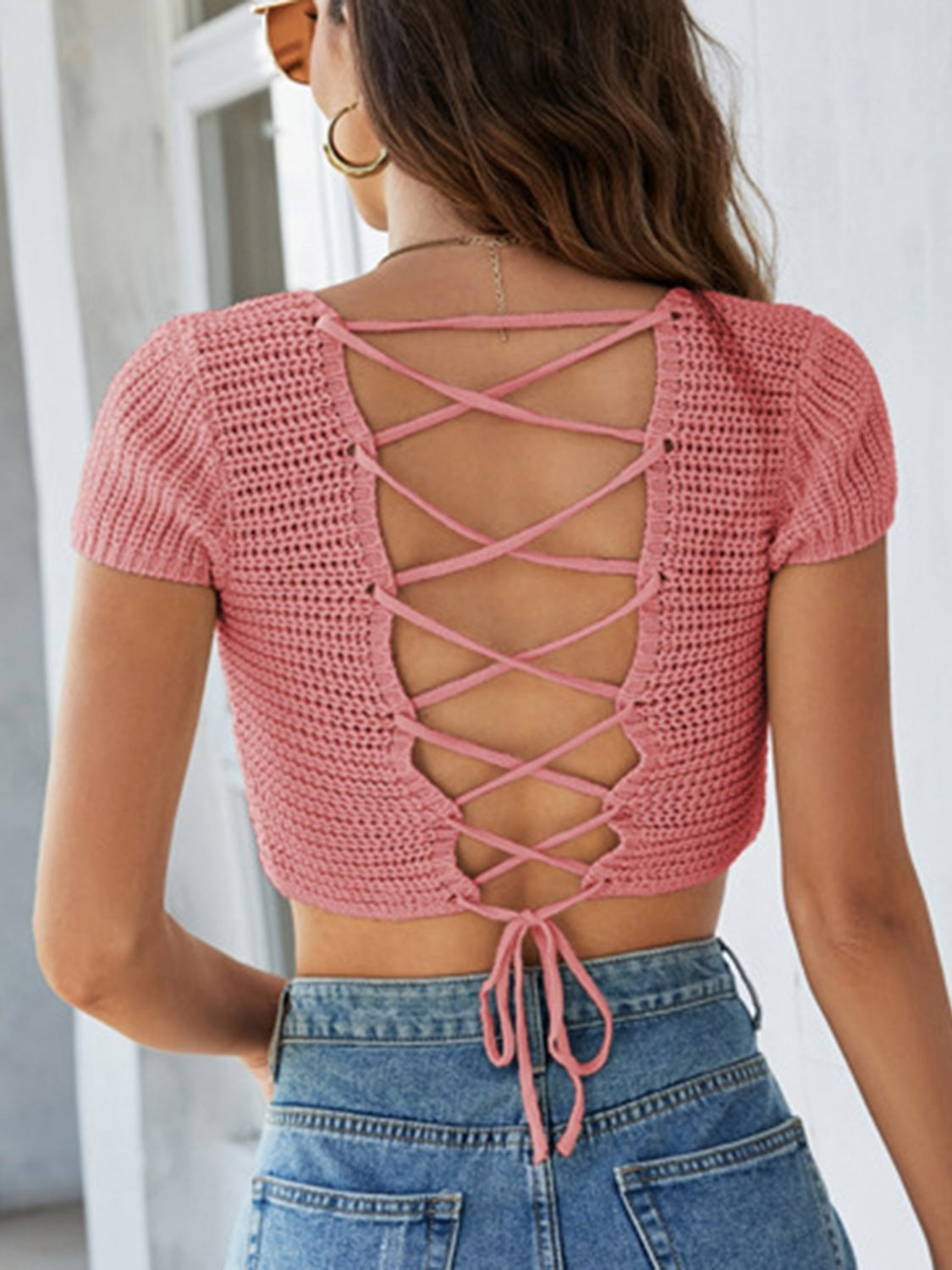 Lace-Up Openwork Square Neck Sweater