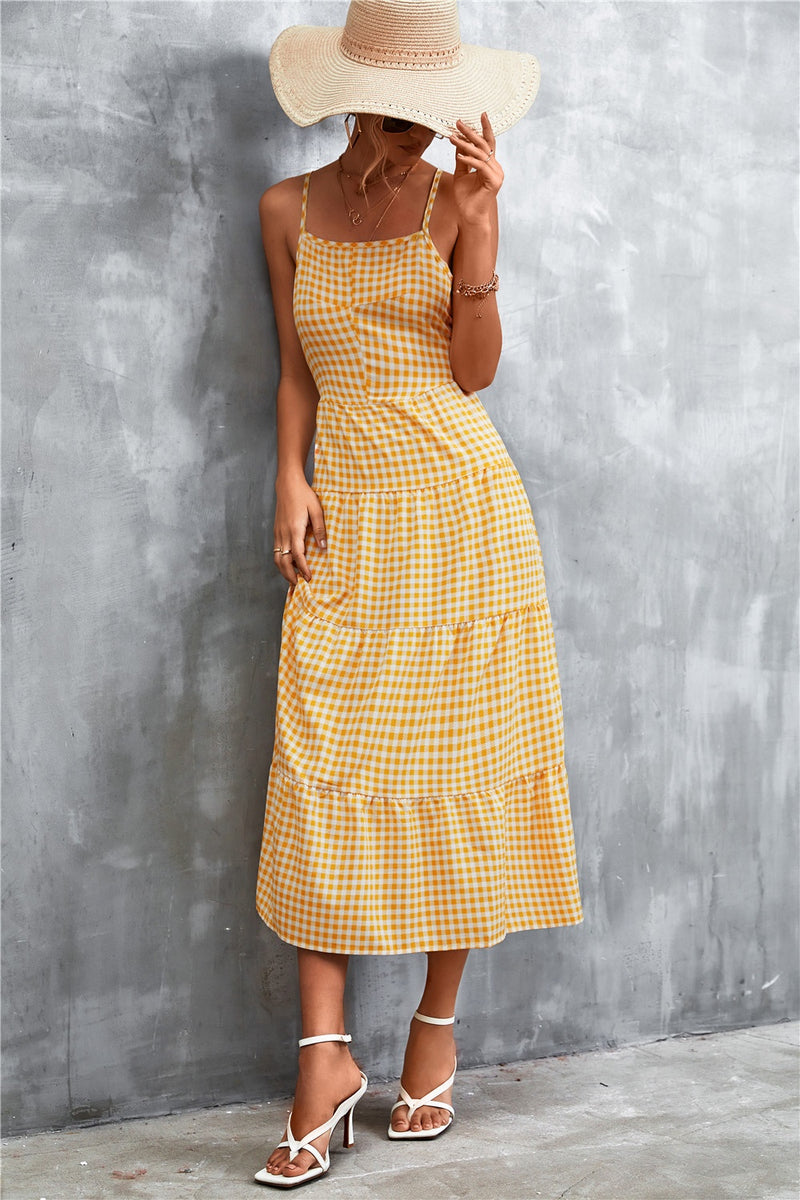 Plaid Square Neck Midi Cami Dress