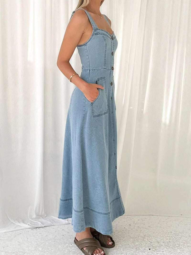 denim sweetheart dress Wide Strap Sweetheart Neck Denim Dress Light Blue / L