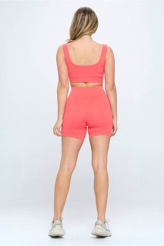 Two piece Seamless Ribbed Tank Top  Biker Shorts