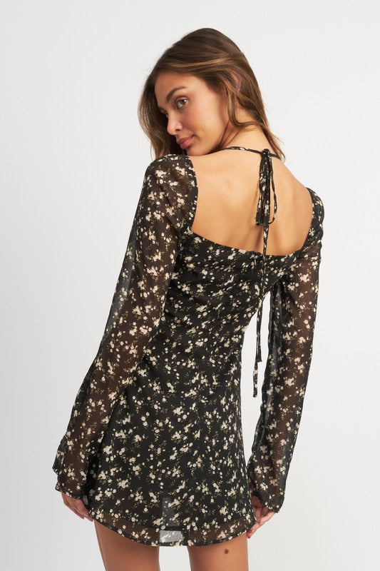 Black Floral Short Casual Dress with Long Sleeves Black / Large Black Floral Short Casual Dress with Long Sleeves Black / Large