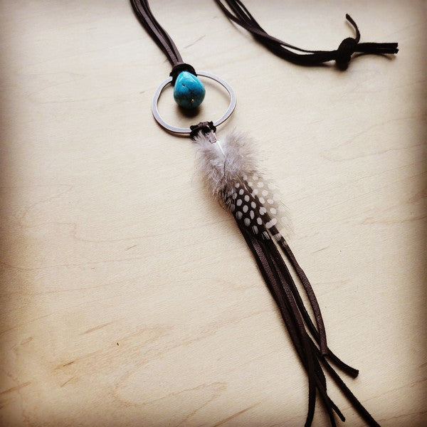 Brown Leather Necklace Blue Turquoise Spot Feather