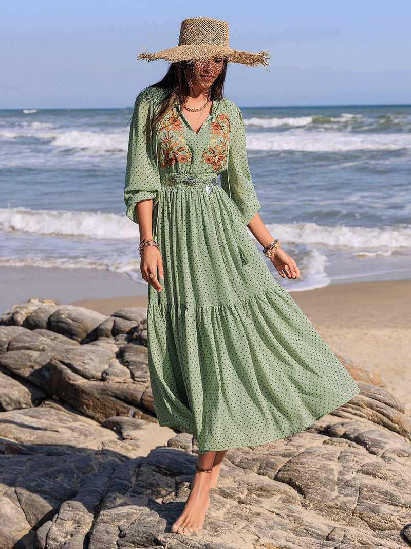 Embroidered Polka Dot Tie Neck Long Sleeve Midi Dress The Gypsy Soul Shop Embroidered Polka Dot Tie Neck Long Sleeve Midi Dress The Gypsy Soul Shop
