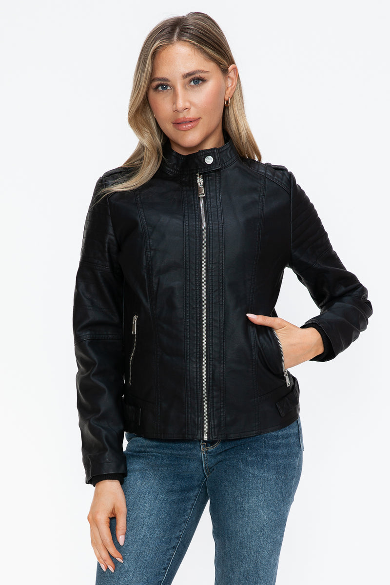 Snobbish PU Leather Biker Jacket with Side Zip Pockets