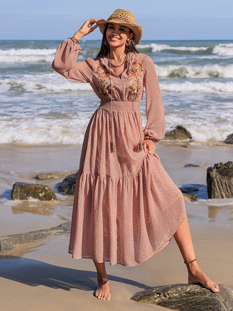 Embroidered Polka Dot Tie Neck Long Sleeve Midi Dress The Gypsy Soul Shop Embroidered Polka Dot Tie Neck Long Sleeve Midi Dress The Gypsy Soul Shop