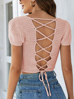 Lace-Up Openwork Square Neck Sweater