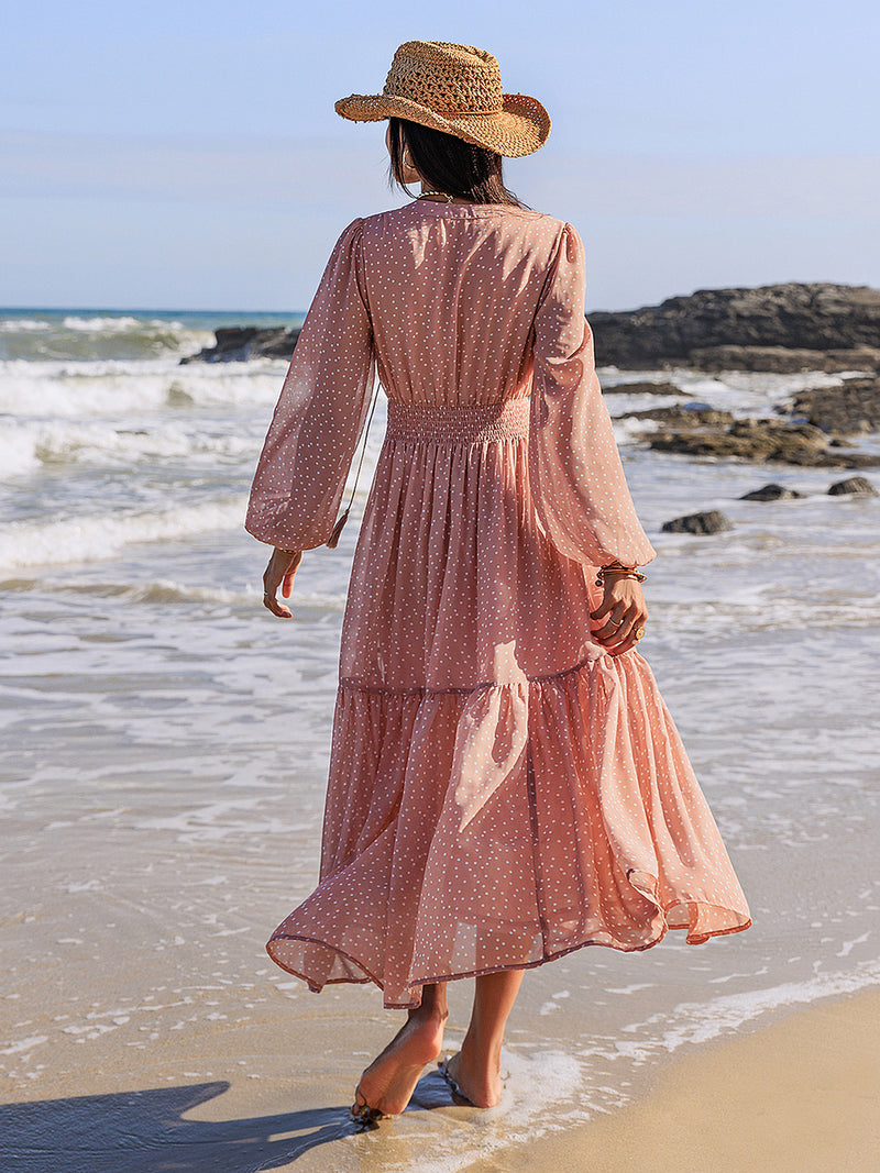 Embroidered Polka Dot Tie Neck Long Sleeve Midi Dress