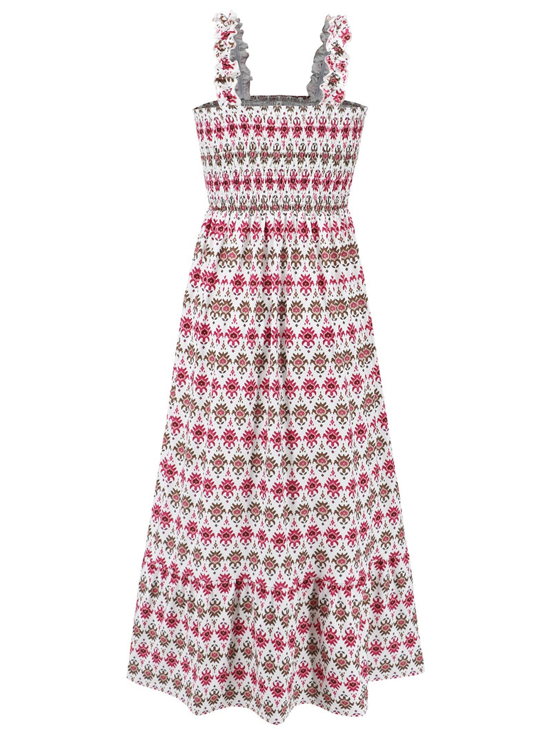 Smocked Printed Square Neck Sleeveless Dress