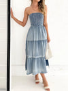 Slit Smocked Tube Tiered Denim Dress