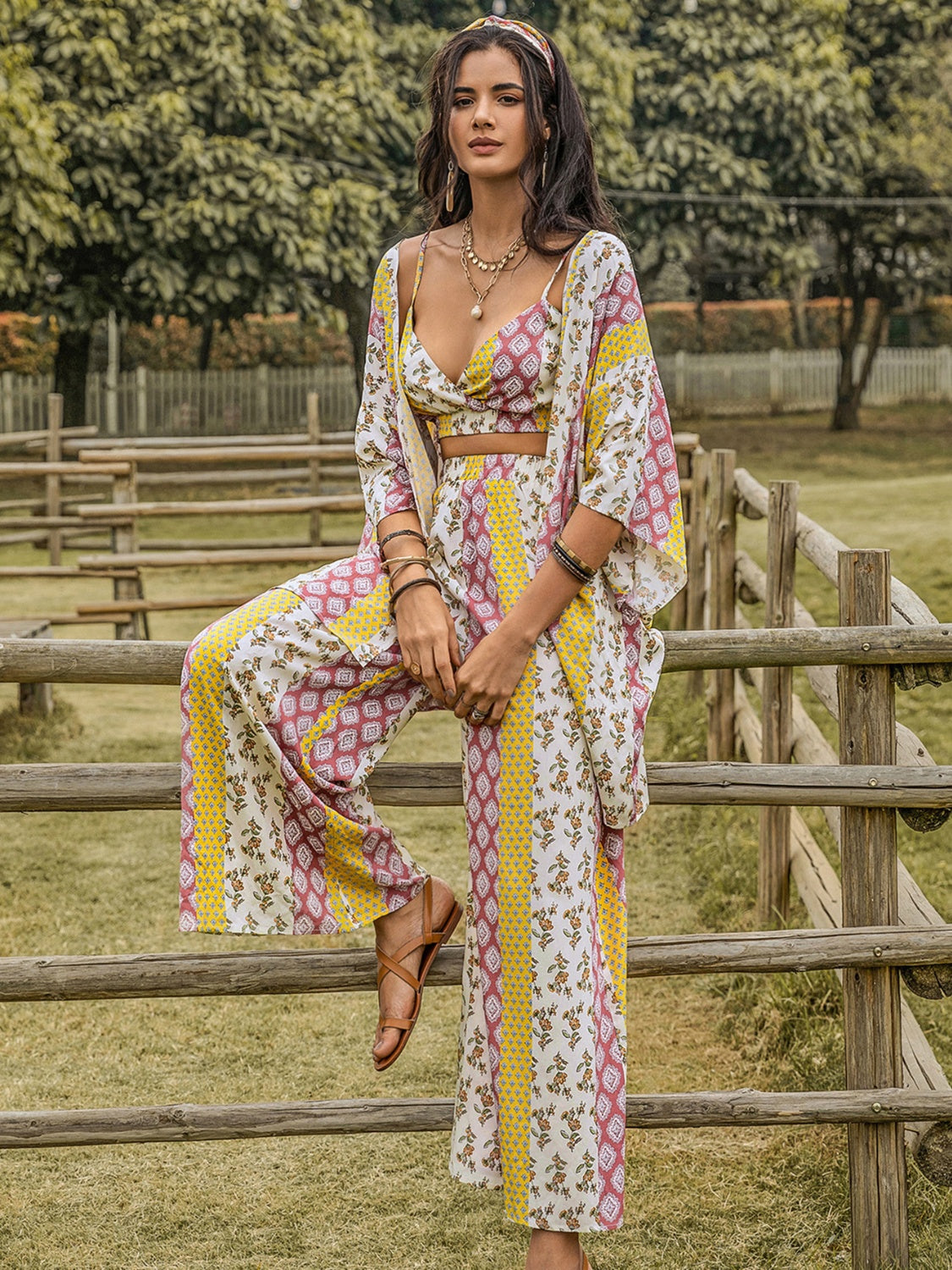 Printed Cami,Open Front Cover Up and Wide Leg Pants Set