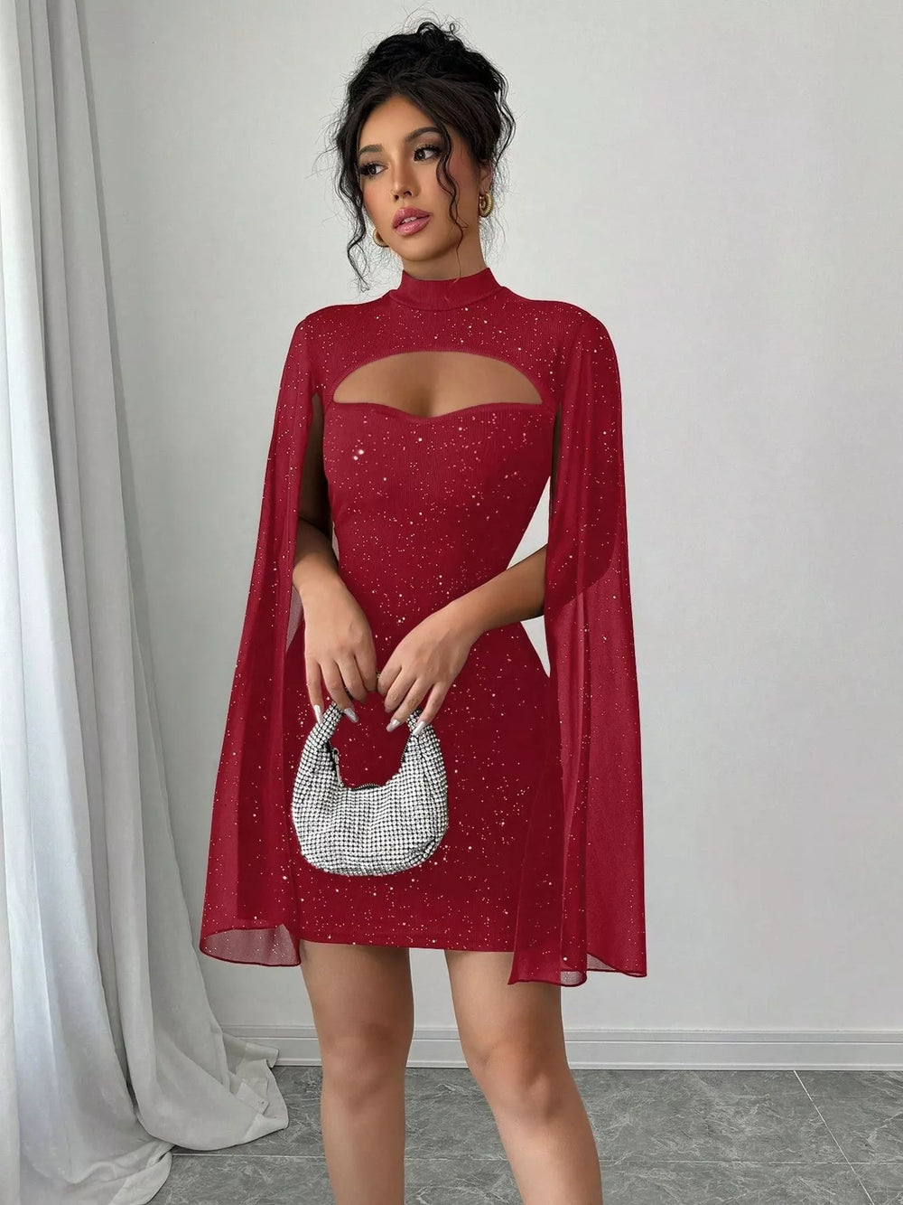 Cutout Bodycon Mini Dress with Cape Sleeves Red / L Cutout Bodycon Mini Dress with Cape Sleeves Red / L
