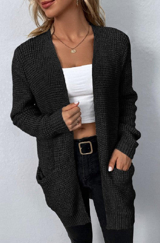 Open Front Waffle Sweater Cardigan