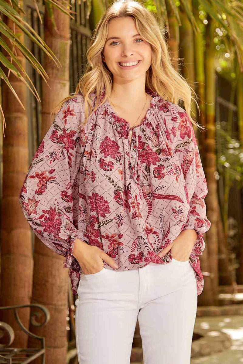 Floral Tie Neck Flounce Sleeve Blouse