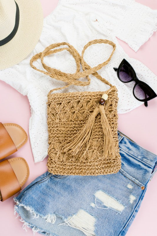 Woven Straw Tassel Accent Crossbody Bag