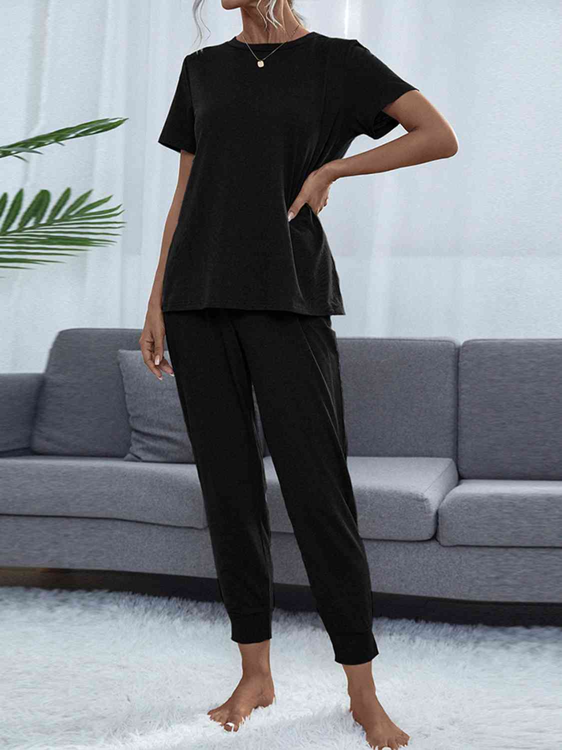 Round Neck Short Sleeve Top and Pants Set