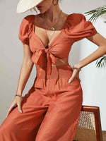 Tie Front Cropped Top and Smocked Wide Leg Pants Set