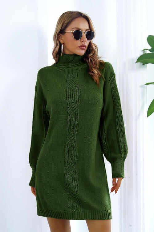 Openwork Turtleneck Long Sleeve Sweater Dress Green / M Openwork Turtleneck Long Sleeve Sweater Dress Green / M