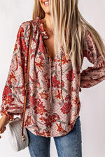 Floral Tie Neck Flounce Sleeve Blouse