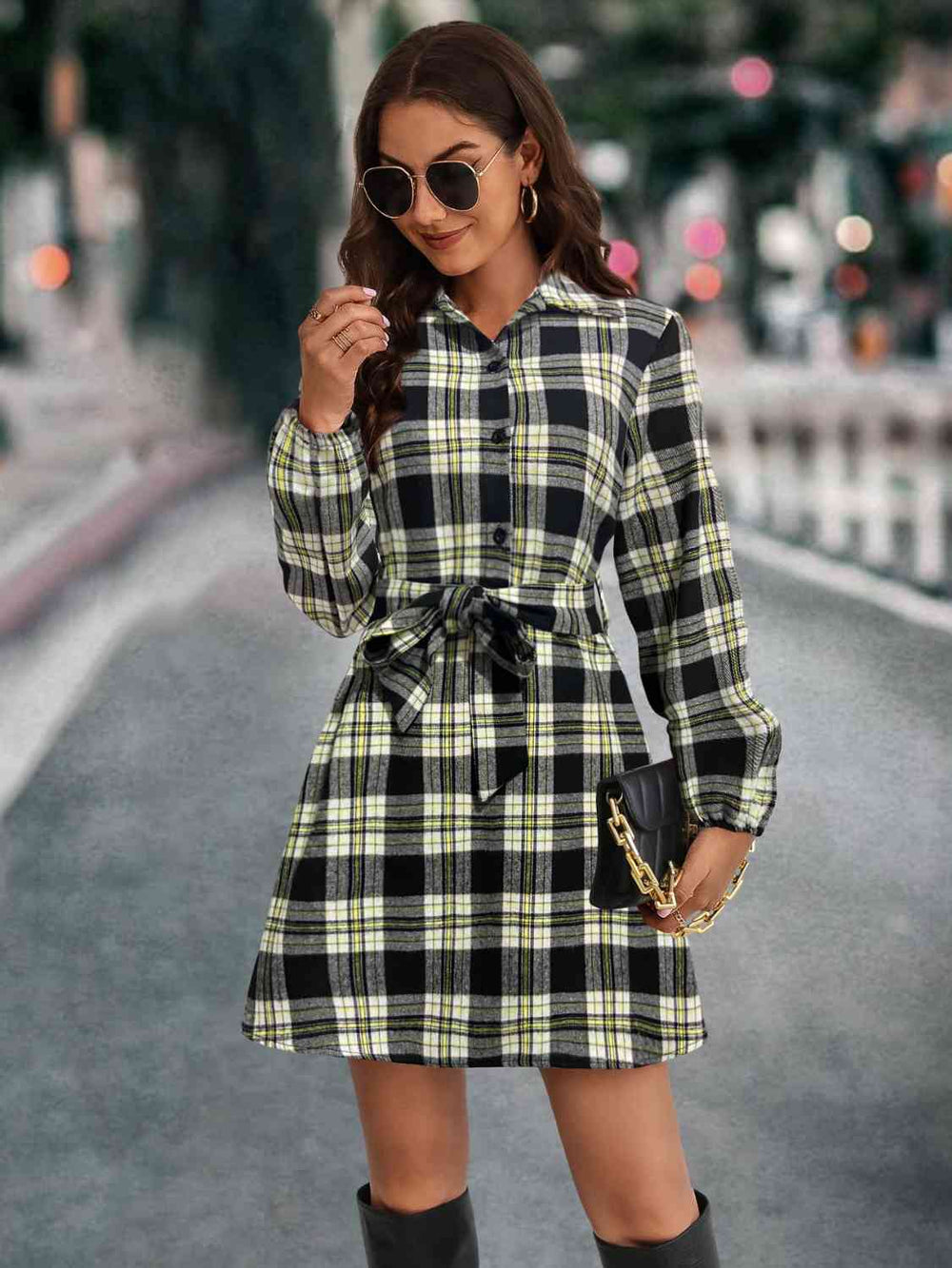 Women's Plaid Shirt Dress – Long Sleeve Western Maxi Dress With Belt, Red Green Tartan Vintage Style