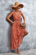 Printed V-Neck Tie Waist Maxi Dress