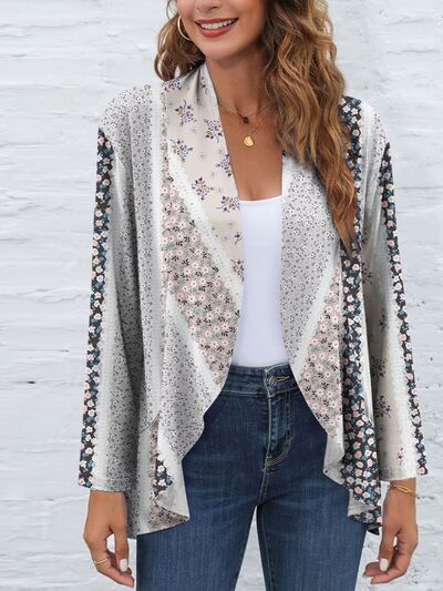 Printed Open Front Long Sleeve Cardigan