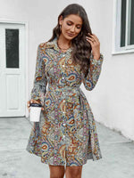 Printed Collared Neck Long Sleeve Dress