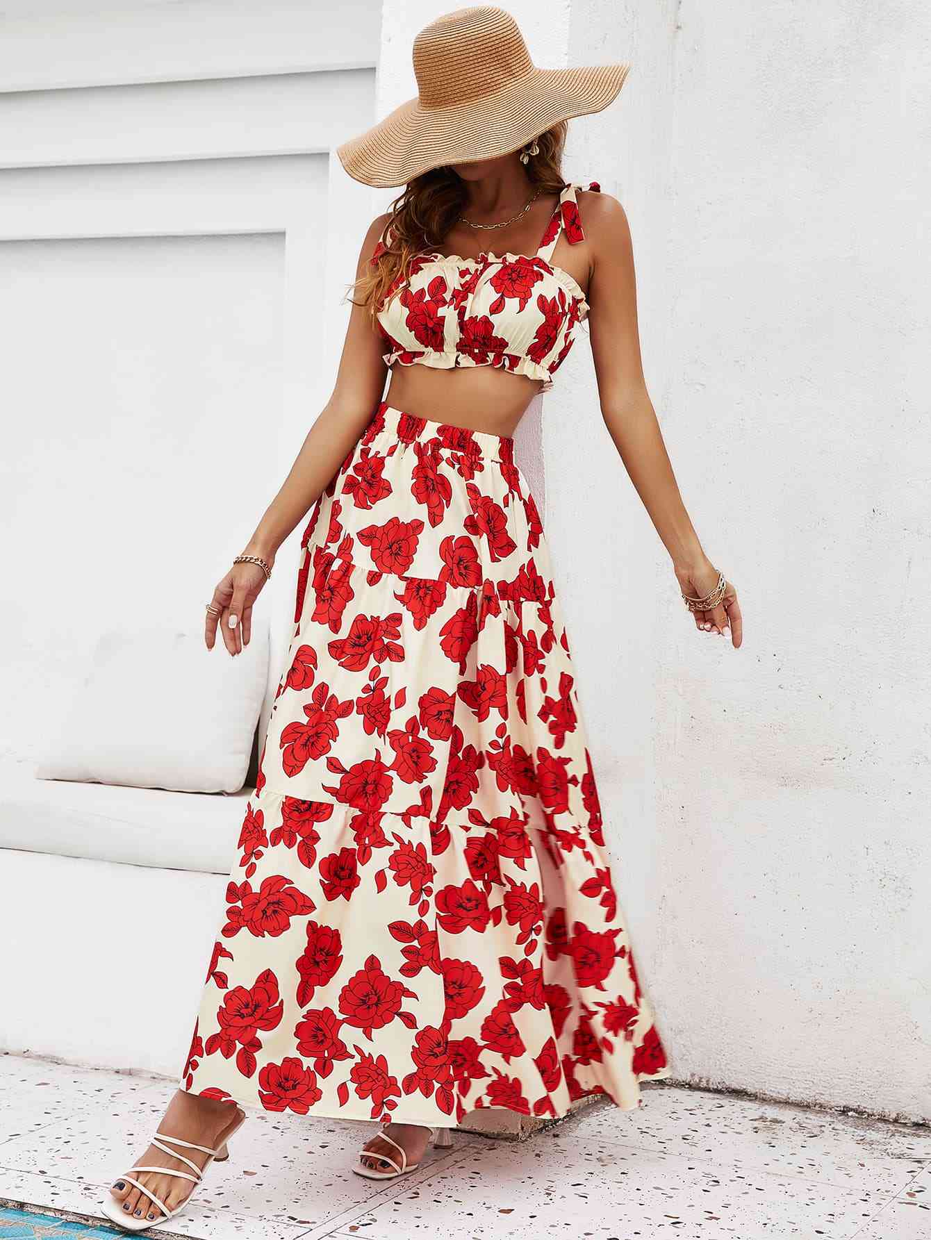 Floral Tie Shoulder Top and Tiered Maxi Skirt Set