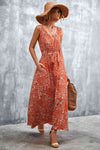 Printed V-Neck Tie Waist Maxi Dress