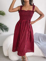 Frill Plaid Square Neck Midi Dress