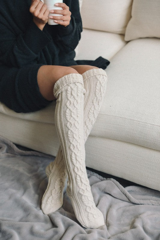Cable Knit Long Knee High Socks Cotton Cable-Knit Knee High Socks