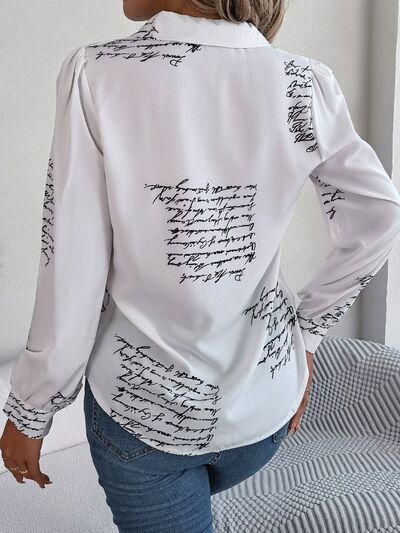 Letter Printed Button Up Long Sleeve Blouse