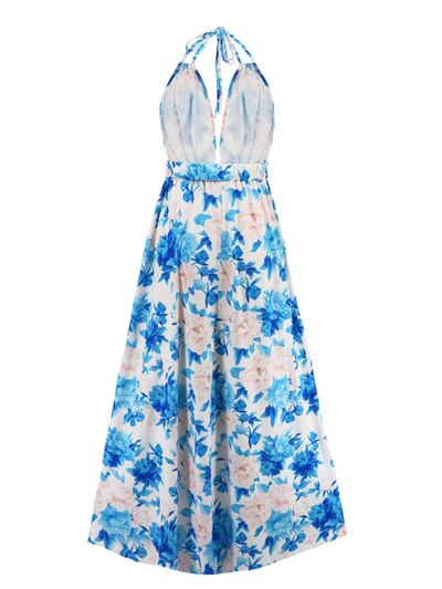 Slit Backless Printed Halter Neck Dress