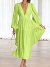 Deep V-Neck Balloon Sleeve Plain Maxi Dress