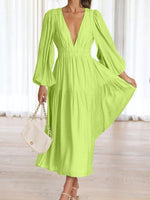 Deep V-Neck Balloon Sleeve Plain Maxi Dress