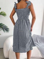 Frill Plaid Square Neck Midi Dress