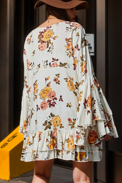 Flower V-Neck Flare Sleeve Mini Dress