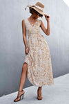 Printed V-Neck Tie Waist Maxi Dress