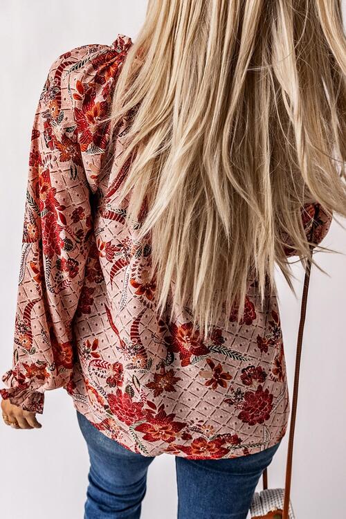 Floral Tie Neck Flounce Sleeve Blouse