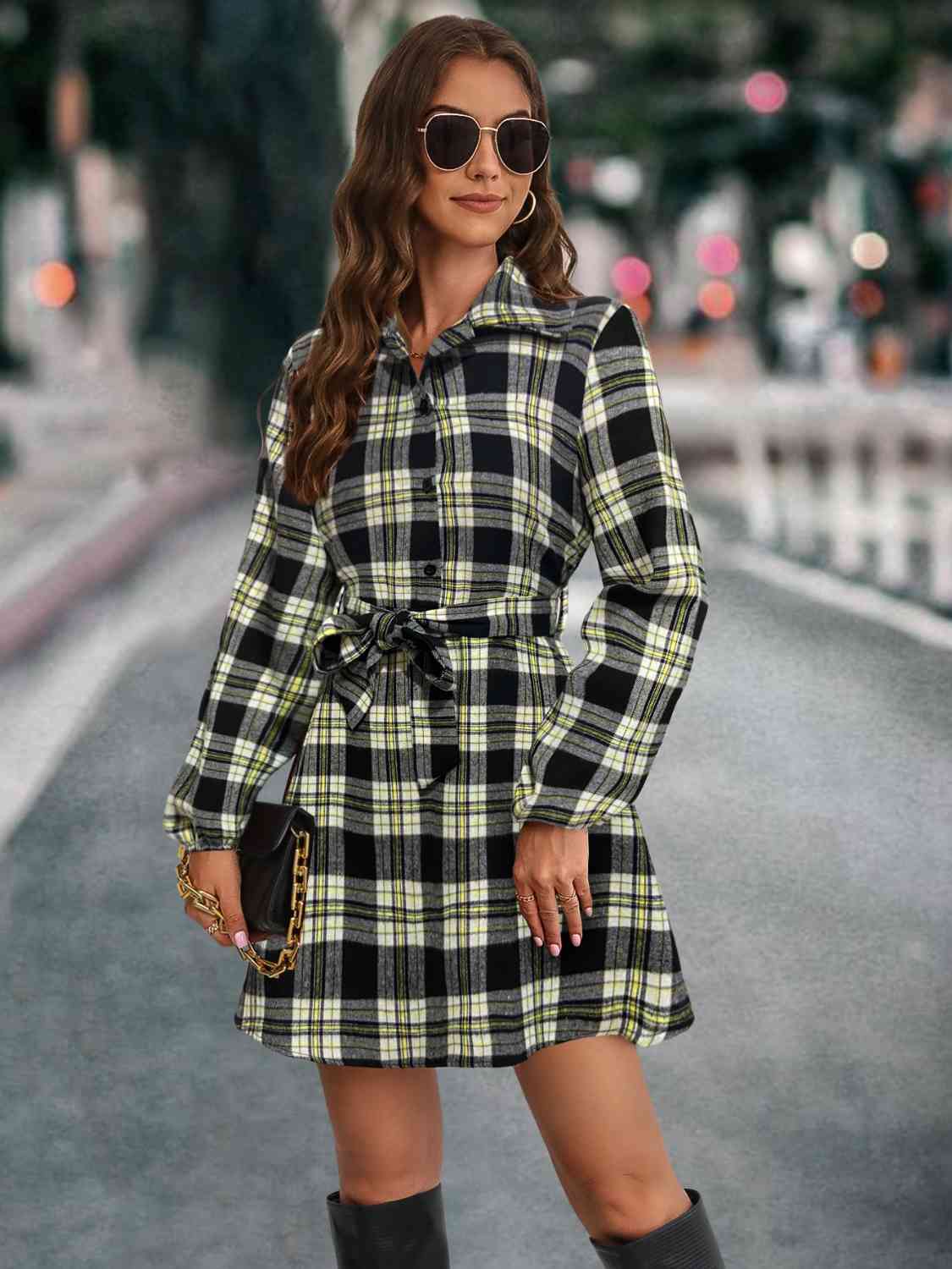 Wholesale MOQ6 Plaid Tie Front Collared Neck Long Sleeve Dress Wholesale MOQ6 Plaid Tie Front Collared Neck Long Sleeve Dress