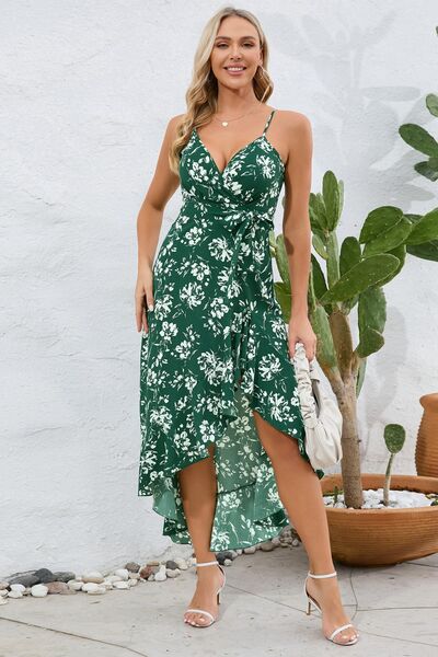 High-Low Tie Waist Printed Cami Dress